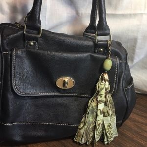 Silk tassel purse charm pendant green brown print artisan boho NWT